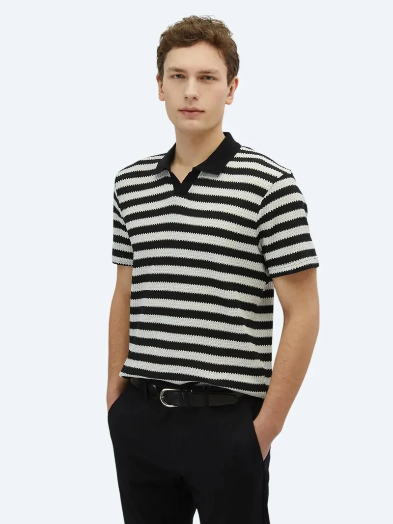 Kip Black Striped Polo Neck Cotton Blended T-Shirt
